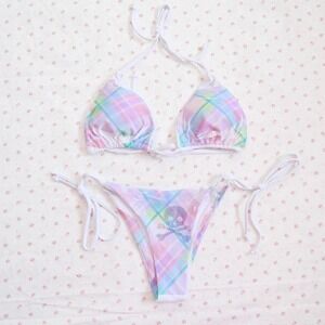 plaid skull and crossbones string bikini y2k swimwear